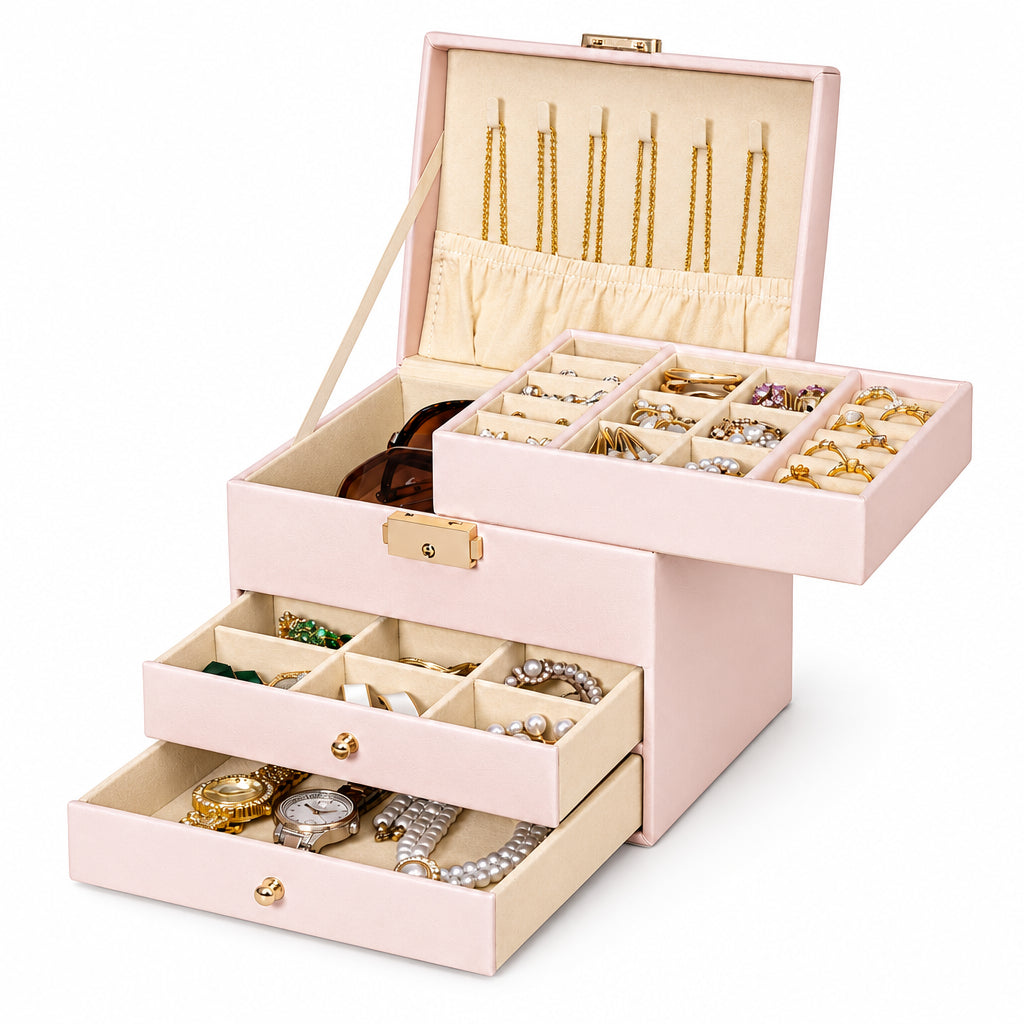Homde Small Girls Jewelry Box with Lock, Removable Tray and 2 Drawers-Nude Beige-1-Homde