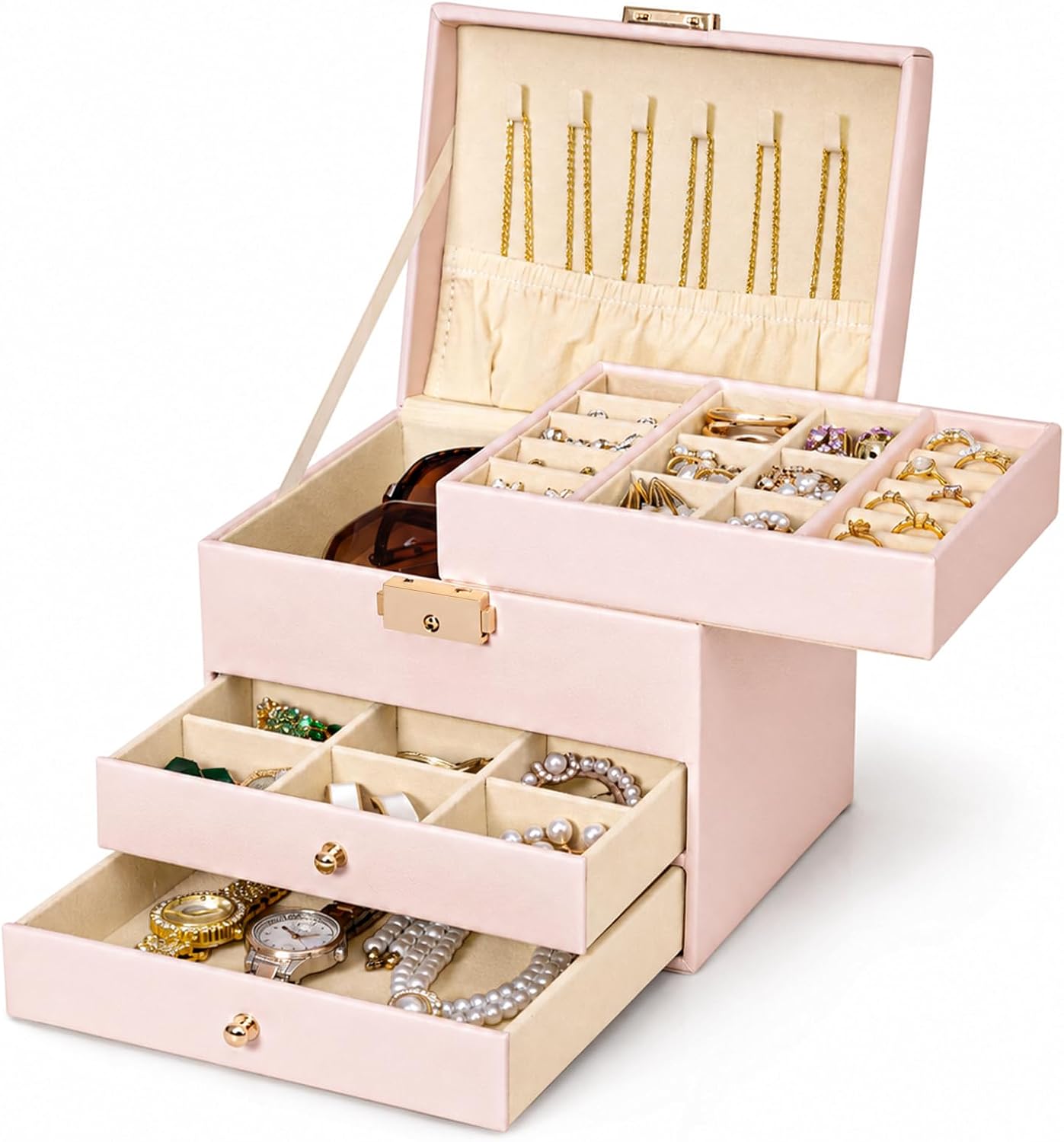 Homde Small Girls Jewelry Box with Lock, Removable Tray and 2 Drawers-Nude Beige-1-Homde
