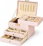 Homde Small Girls Jewelry Box with Lock, Removable Tray and 2 Drawers-Nude Beige-1-Homde