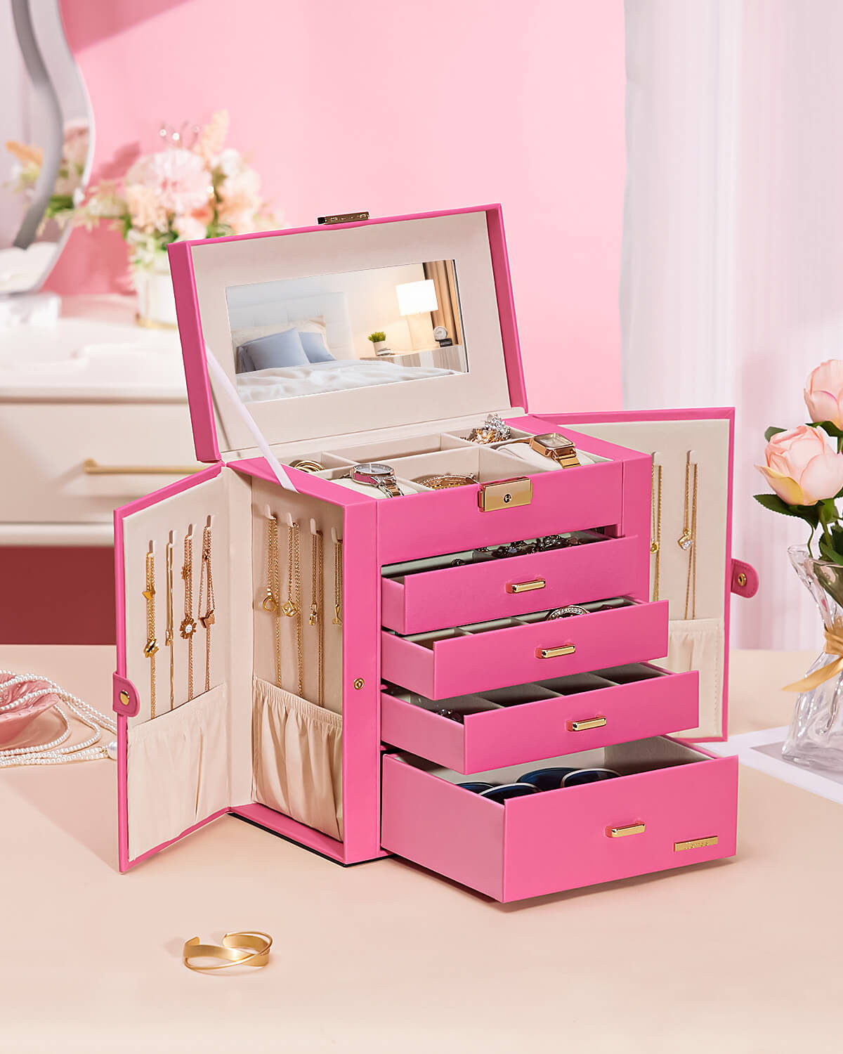Homde Large Jewelry and Watch Box with Mirror, Lock and 4 Drawers-Homde