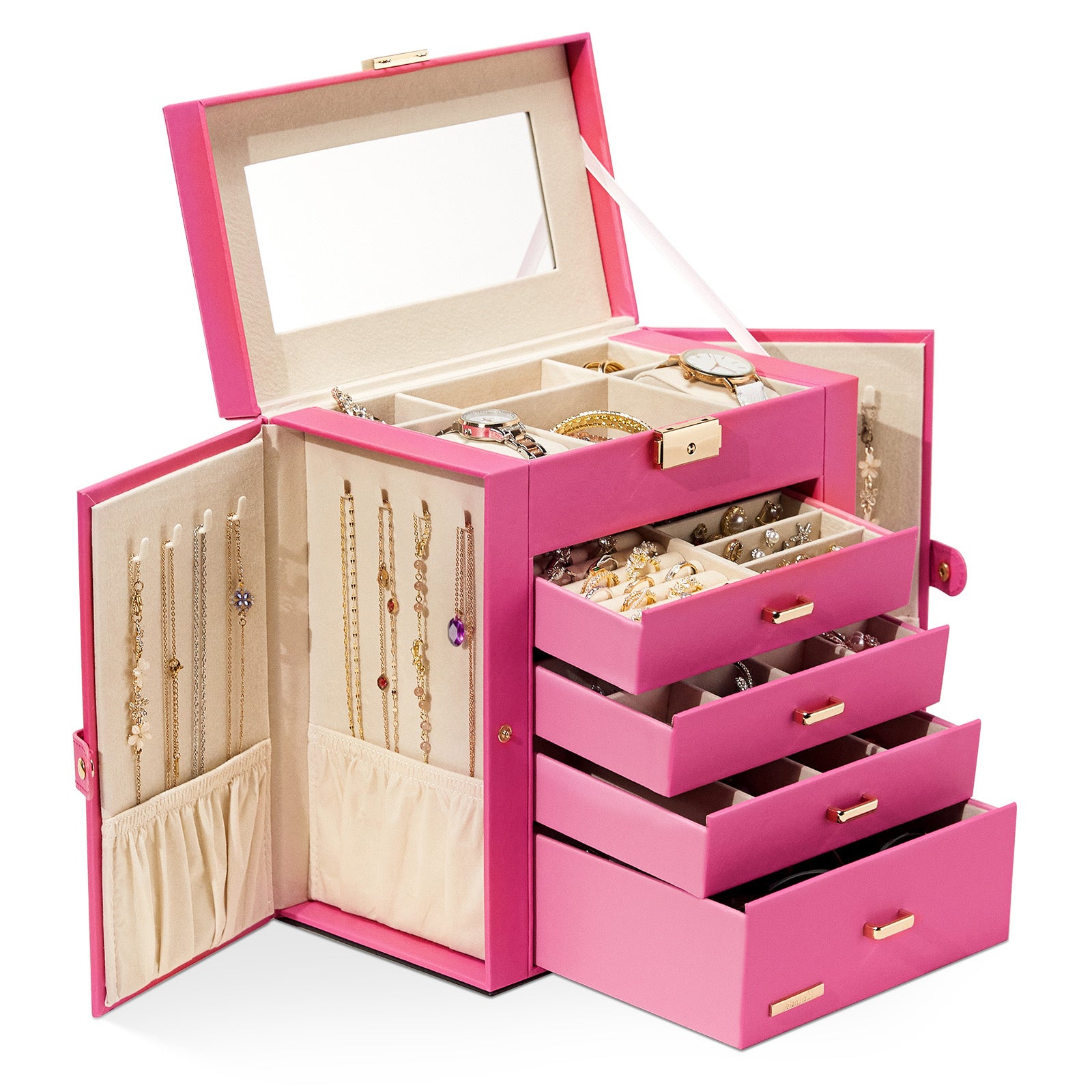 Homde Large Jewelry and Watch Box with Mirror, Lock and 4 Drawers-Homde