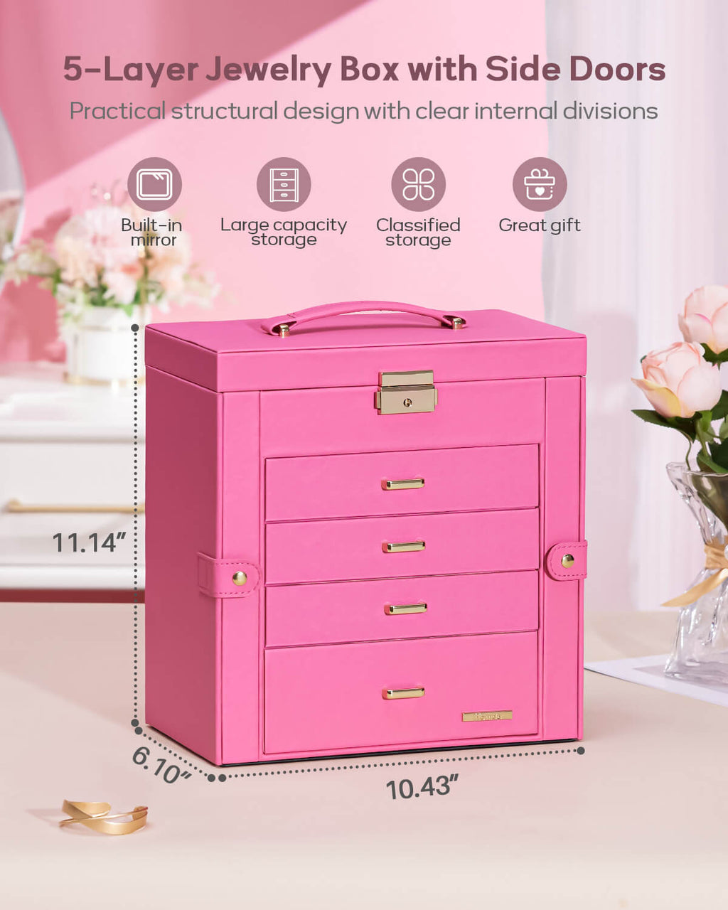 Homde Large Jewelry and Watch Box with Mirror, Lock and 4 Drawers-Homde