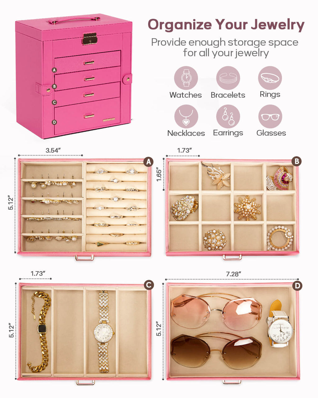 Homde Large Jewelry and Watch Box with Mirror, Lock and 4 Drawers-Homde
