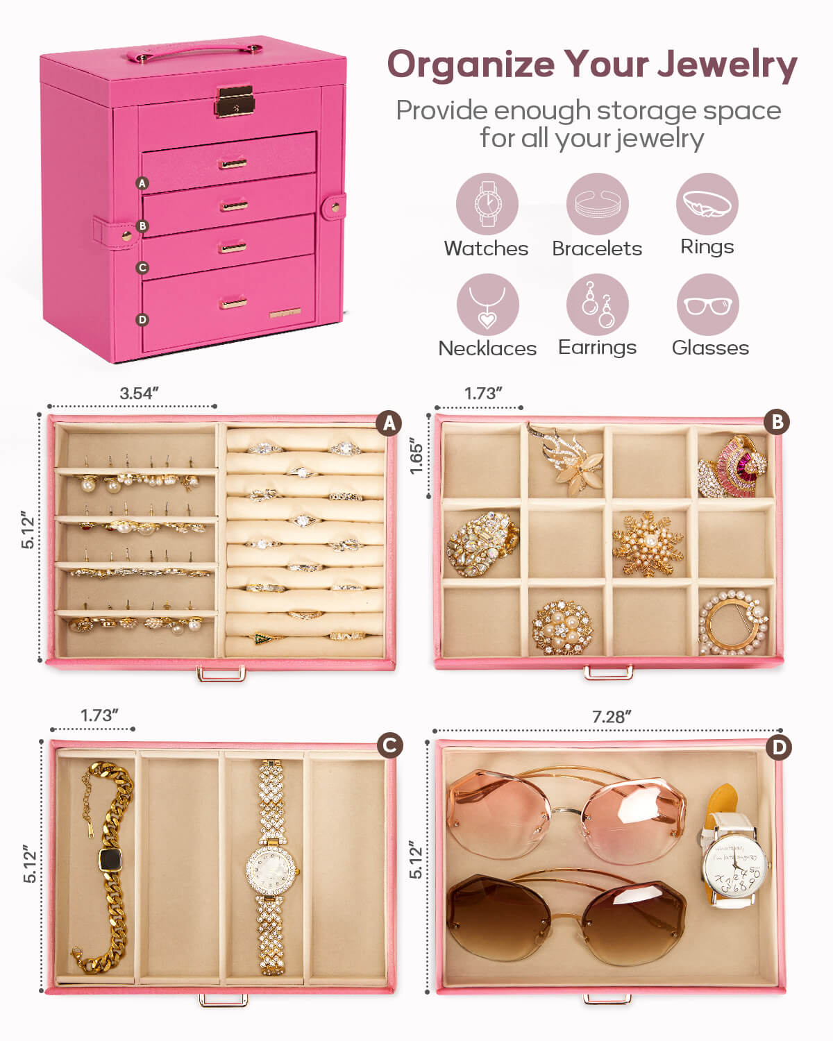 Homde Large Jewelry and Watch Box with Mirror, Lock and 4 Drawers-Homde