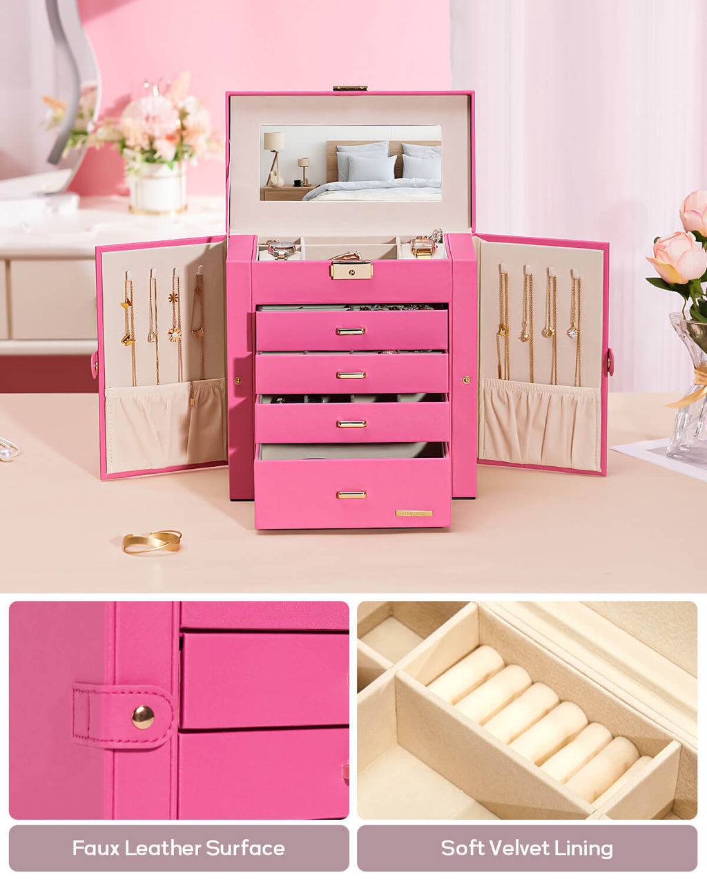 Homde Large Jewelry and Watch Box with Mirror, Lock and 4 Drawers-Homde