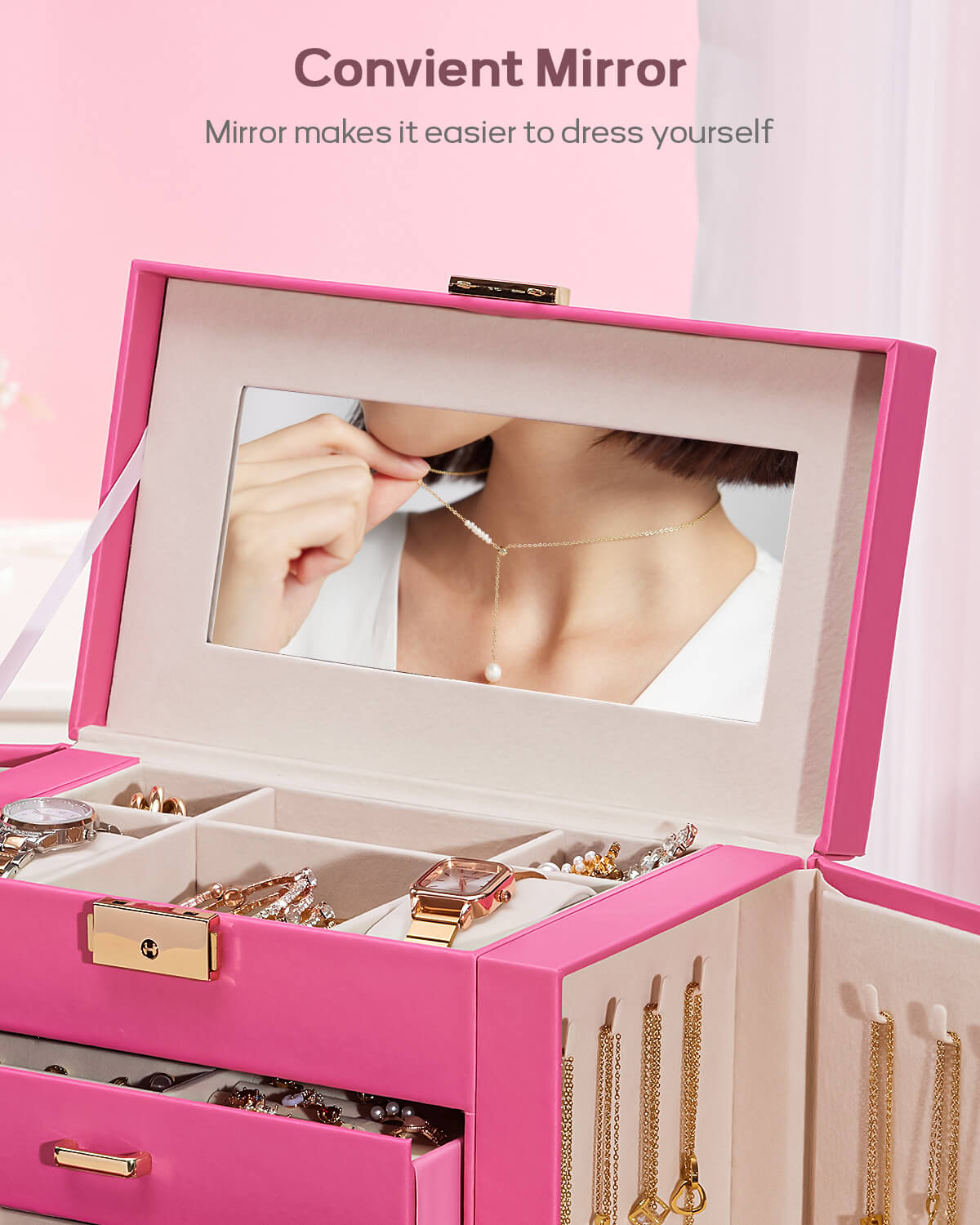 Homde Large Jewelry and Watch Box with Mirror, Lock and 4 Drawers-Homde
