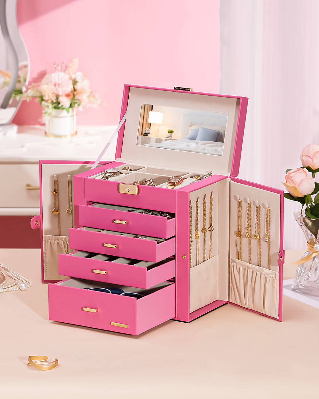 Homde Large Jewelry and Watch Box with Mirror, Lock and 4 Drawers-Homde