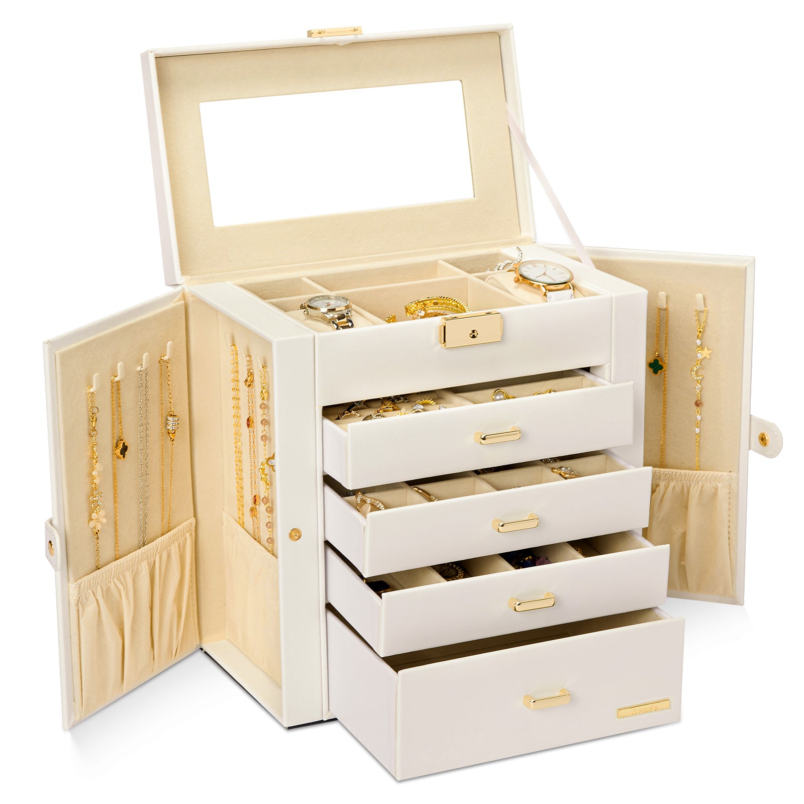Homde Large Jewelry and Watch Box with Mirror, Lock and 4 Drawers-Homde