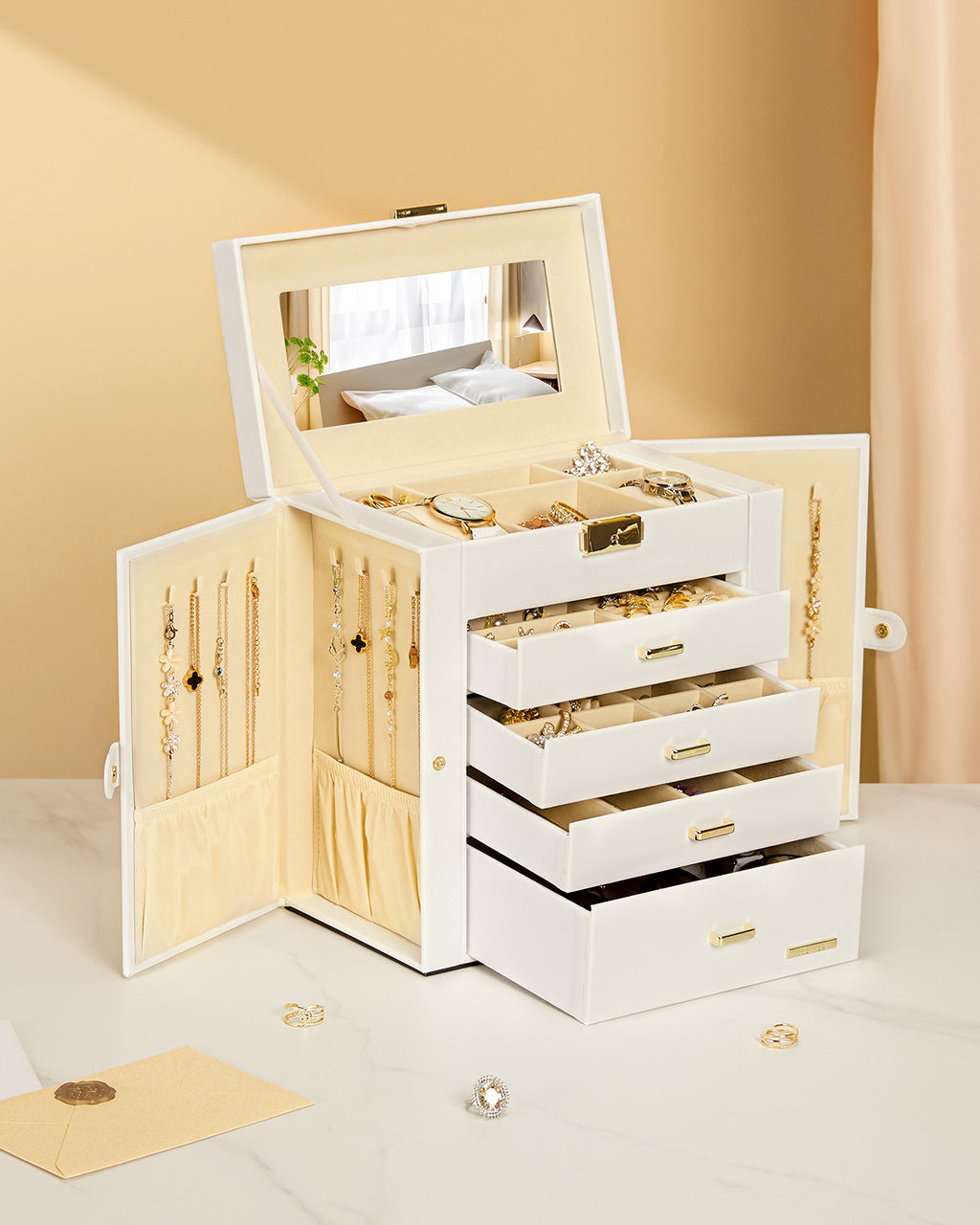 Homde Large Jewelry and Watch Box with Mirror, Lock and 4 Drawers-Homde