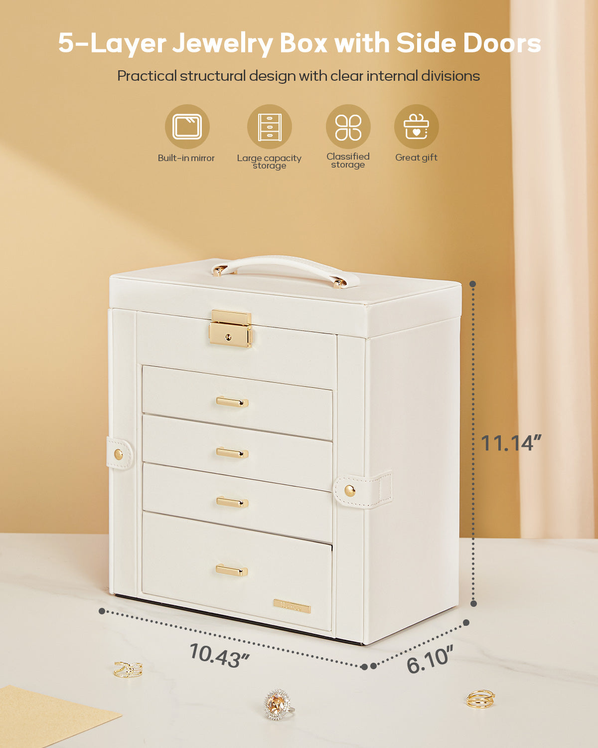 Homde Large Jewelry and Watch Box with Mirror, Lock and 4 Drawers-Homde