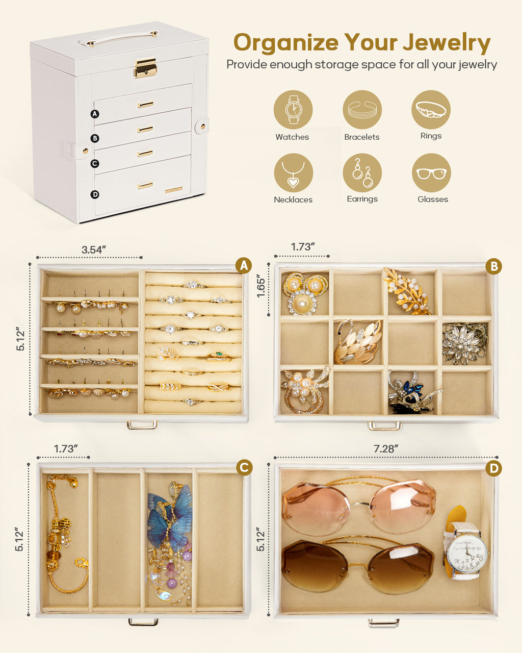 Homde Large Jewelry and Watch Box with Mirror, Lock and 4 Drawers-Homde