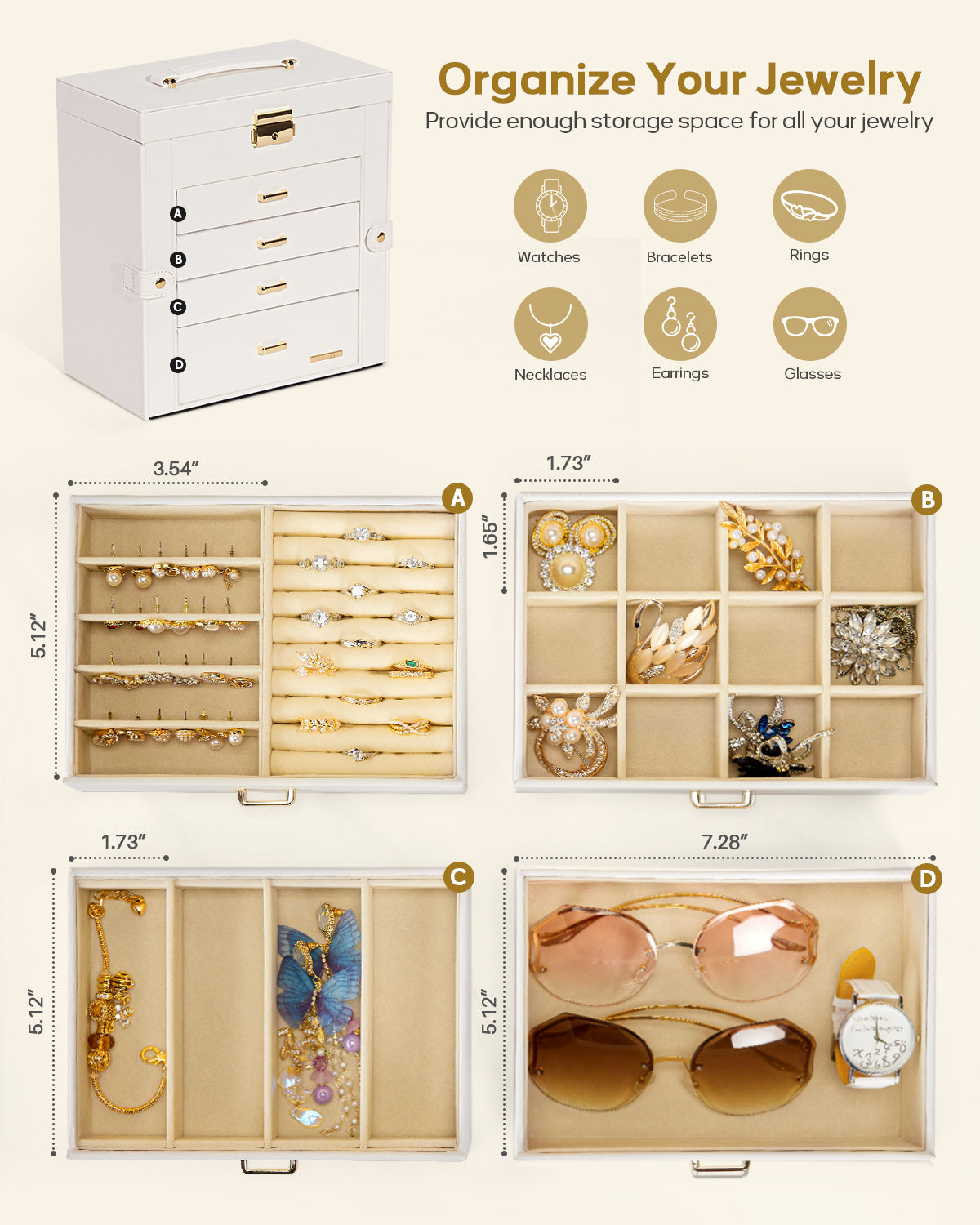 Homde Large Jewelry and Watch Box with Mirror, Lock and 4 Drawers-Homde