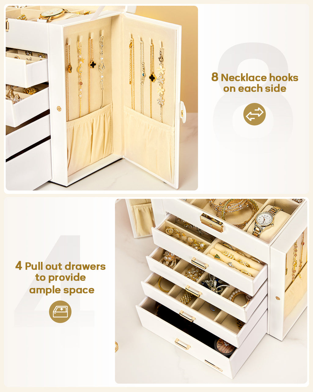 Homde Large Jewelry and Watch Box with Mirror, Lock and 4 Drawers-Homde