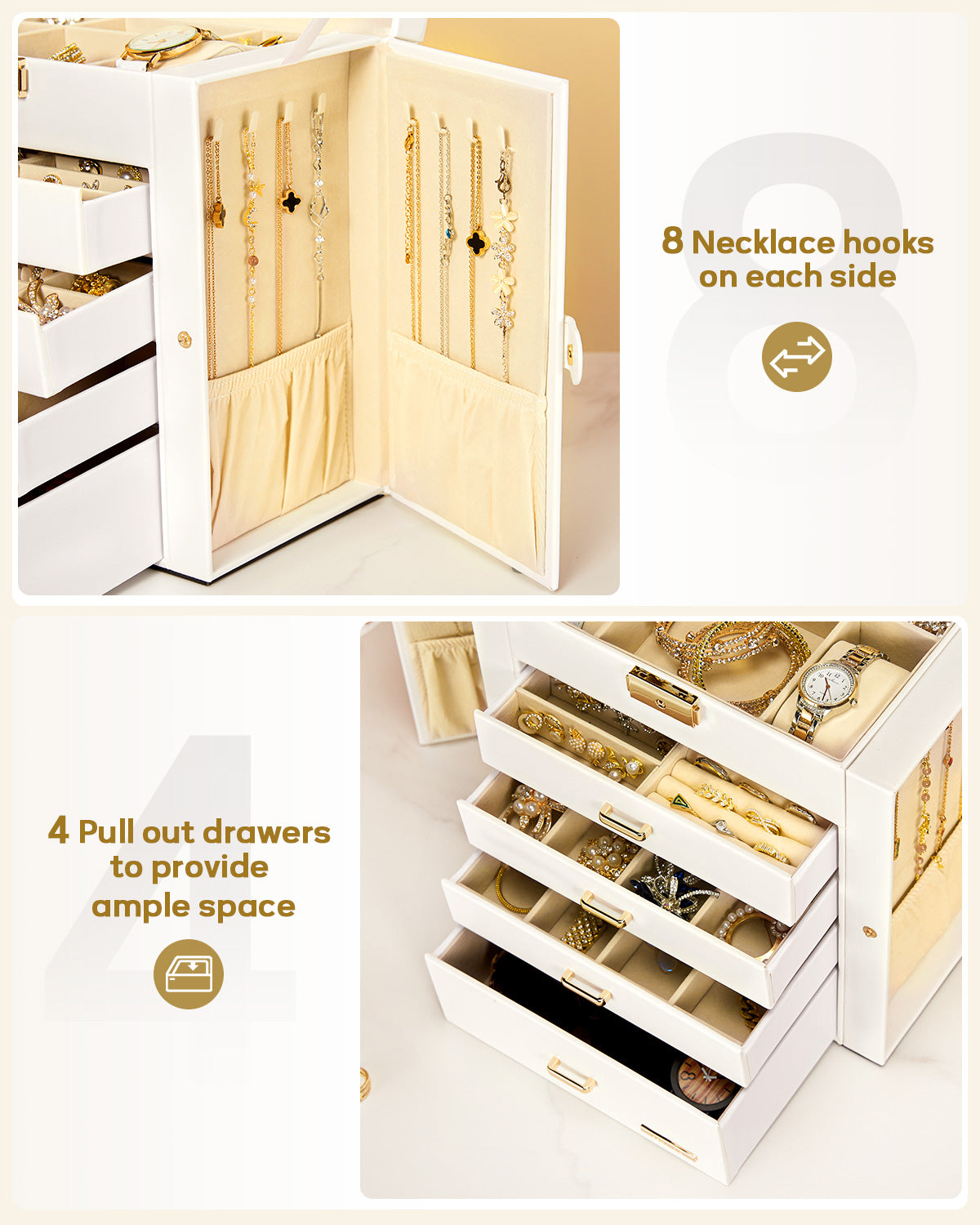 Homde Large Jewelry and Watch Box with Mirror, Lock and 4 Drawers-Homde