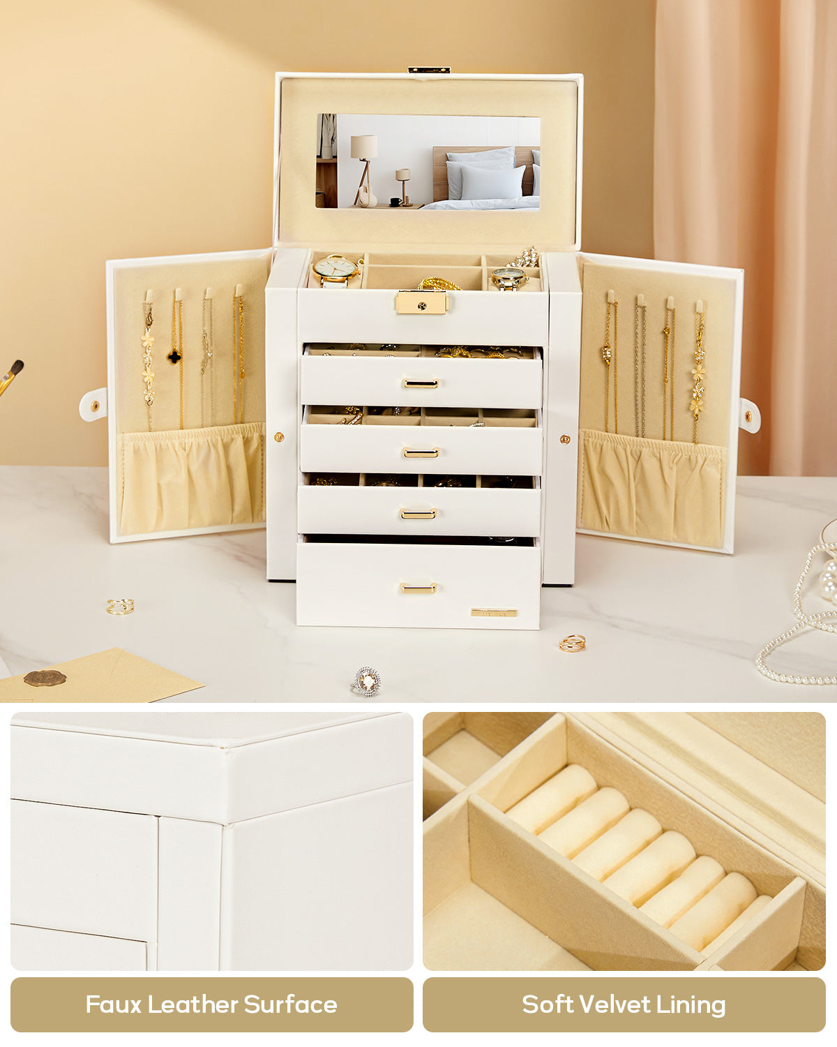 Homde Large Jewelry and Watch Box with Mirror, Lock and 4 Drawers-Homde
