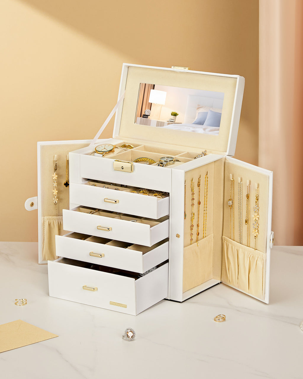 Homde Large Jewelry and Watch Box with Mirror, Lock and 4 Drawers-Homde