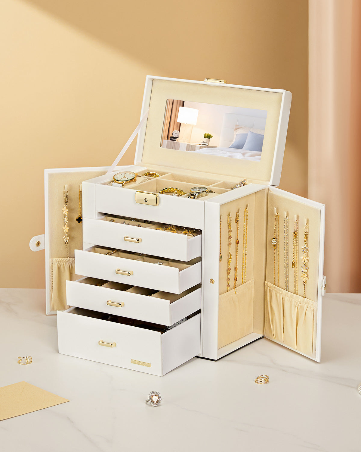 Homde Large Jewelry and Watch Box with Mirror, Lock and 4 Drawers-Homde