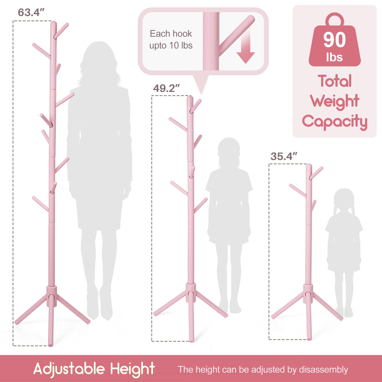 Homde Kids Wooden Coat Rack Stand with 9 Hooks and Adjustable Height-Homde