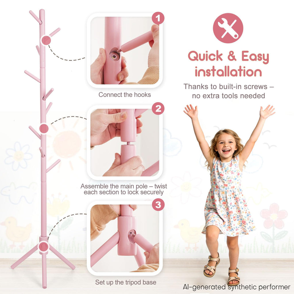 Homde Kids Wooden Coat Rack Stand with 9 Hooks and Adjustable Height-Homde