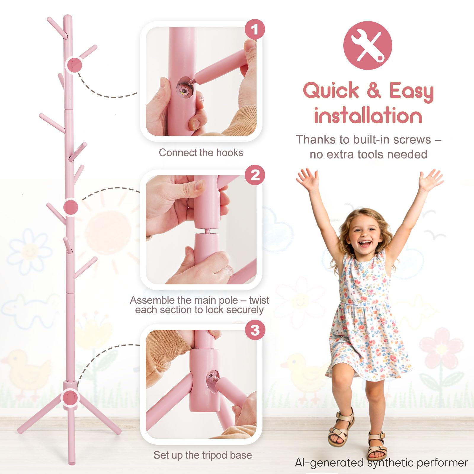 Homde Kids Wooden Coat Rack Stand with 9 Hooks and Adjustable Height-Homde