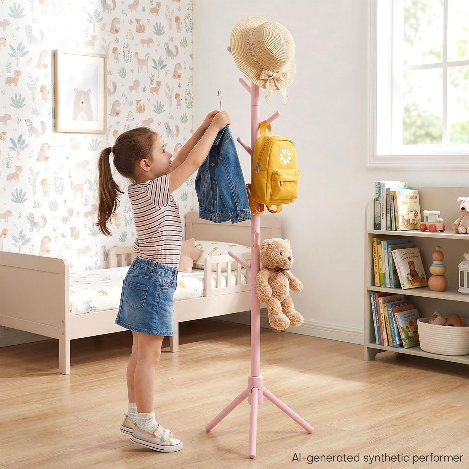 Homde Kids Wooden Coat Rack Stand with 9 Hooks and Adjustable Height-Homde