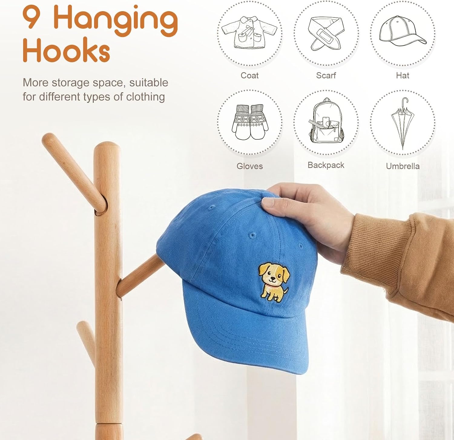 Homde Kids Wooden Coat Rack Stand with 9 Hooks and Adjustable Height-Homde