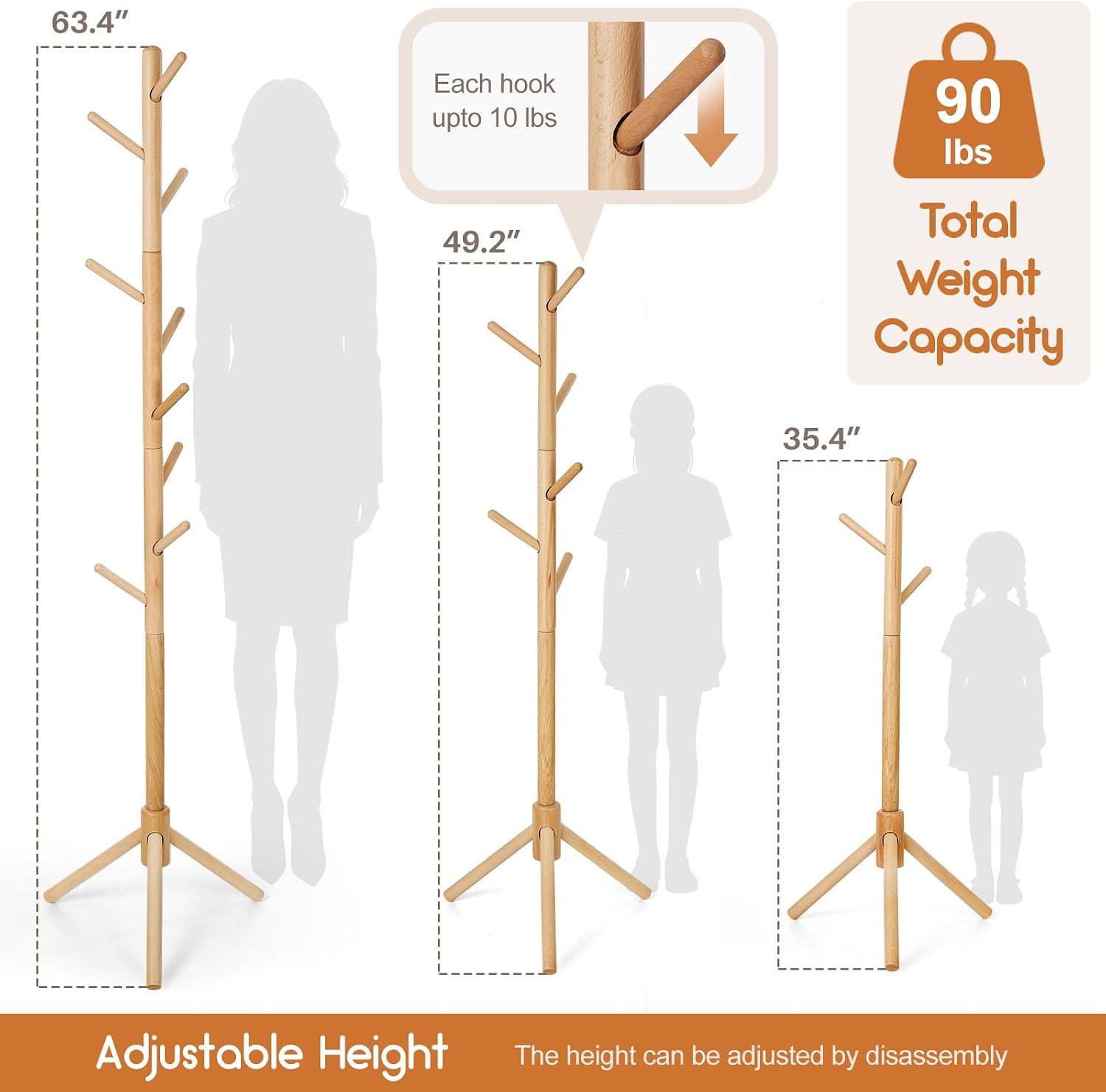 Homde Kids Wooden Coat Rack Stand with 9 Hooks and Adjustable Height-Homde