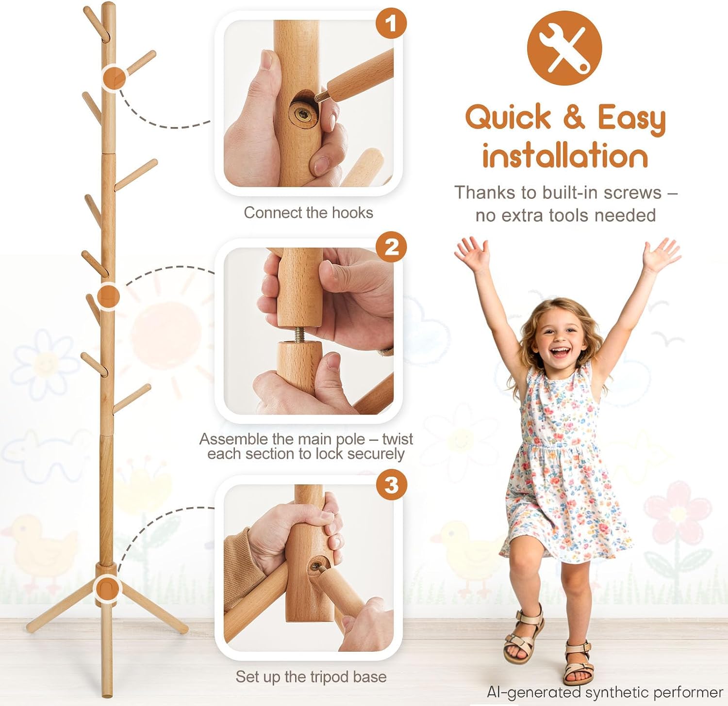 Homde Kids Wooden Coat Rack Stand with 9 Hooks and Adjustable Height-Homde