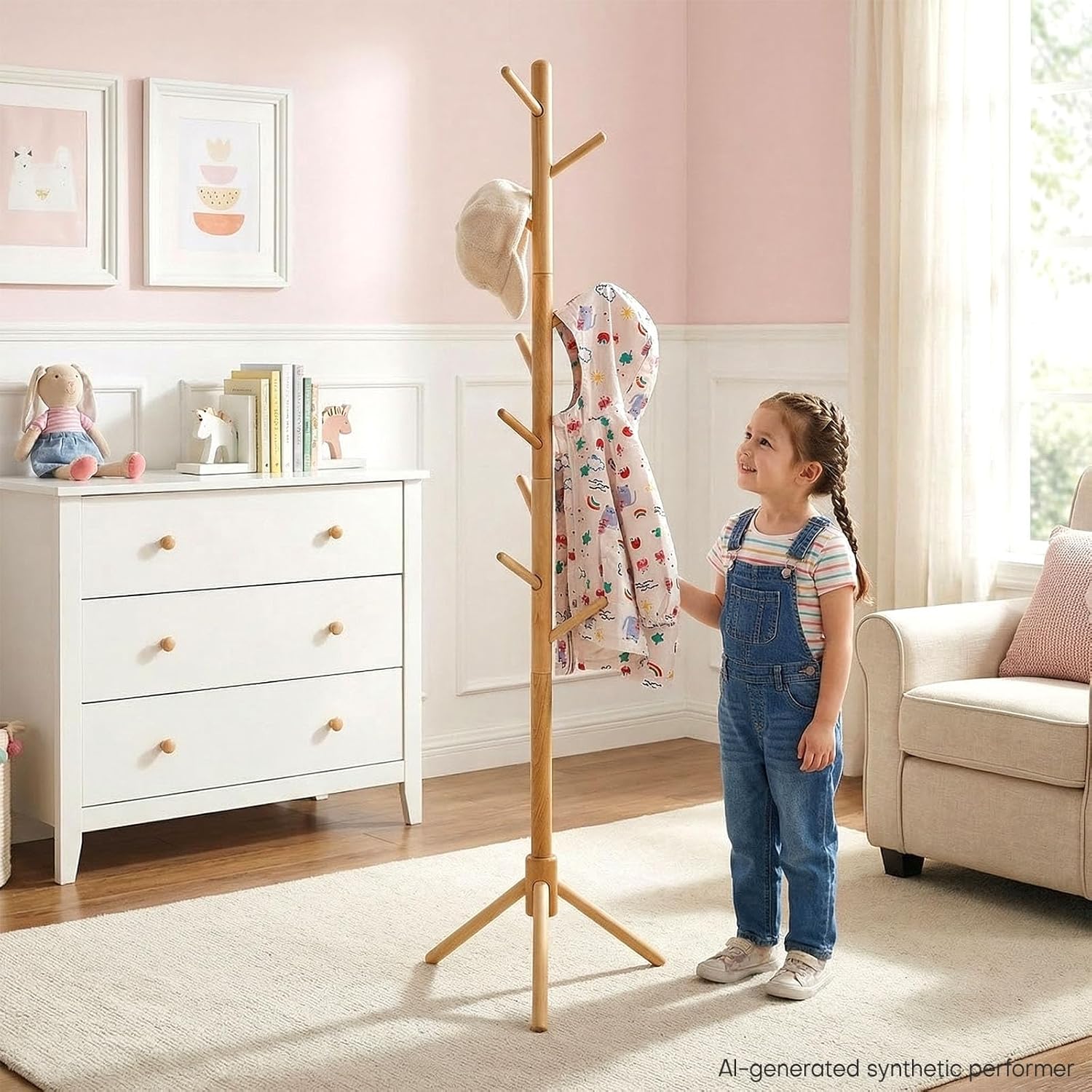 Homde Kids Wooden Coat Rack Stand with 9 Hooks and Adjustable Height-Homde