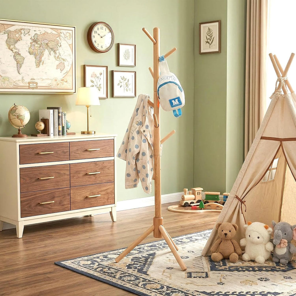 Homde Kids Wooden Coat Rack Stand with 9 Hooks and Adjustable Height-Homde