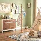 Homde Kids Wooden Coat Rack Stand with 9 Hooks and Adjustable Height-Homde