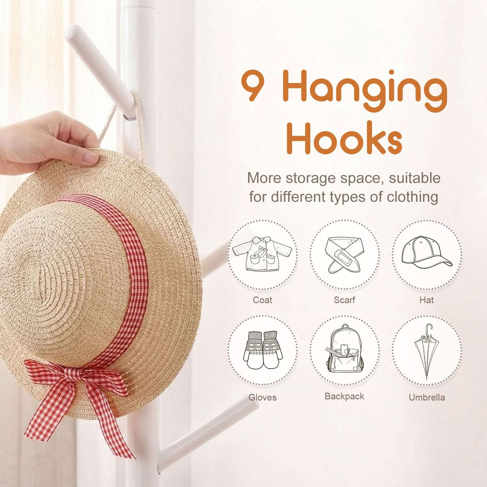 Homde Kids Wooden Coat Rack Stand with 9 Hooks and Adjustable Height-Homde