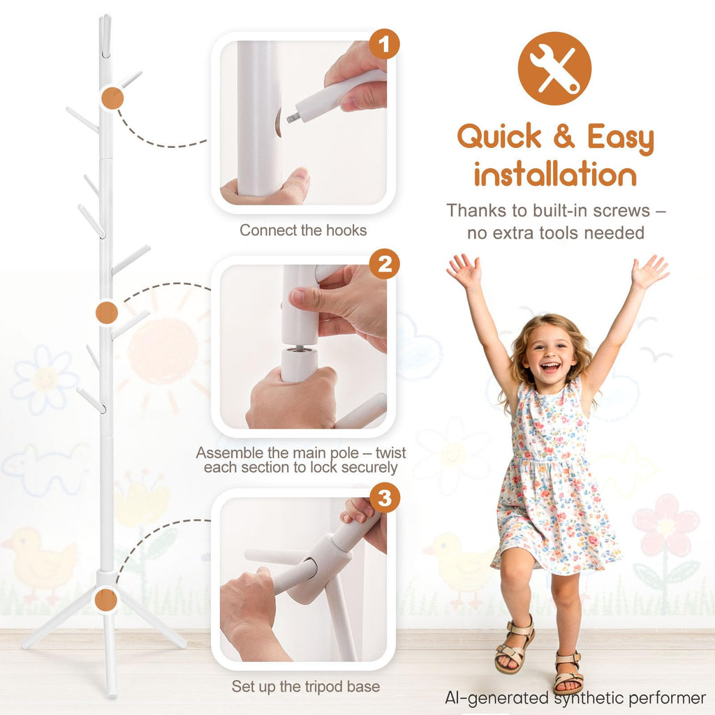 Homde Kids Wooden Coat Rack Stand with 9 Hooks and Adjustable Height-Homde