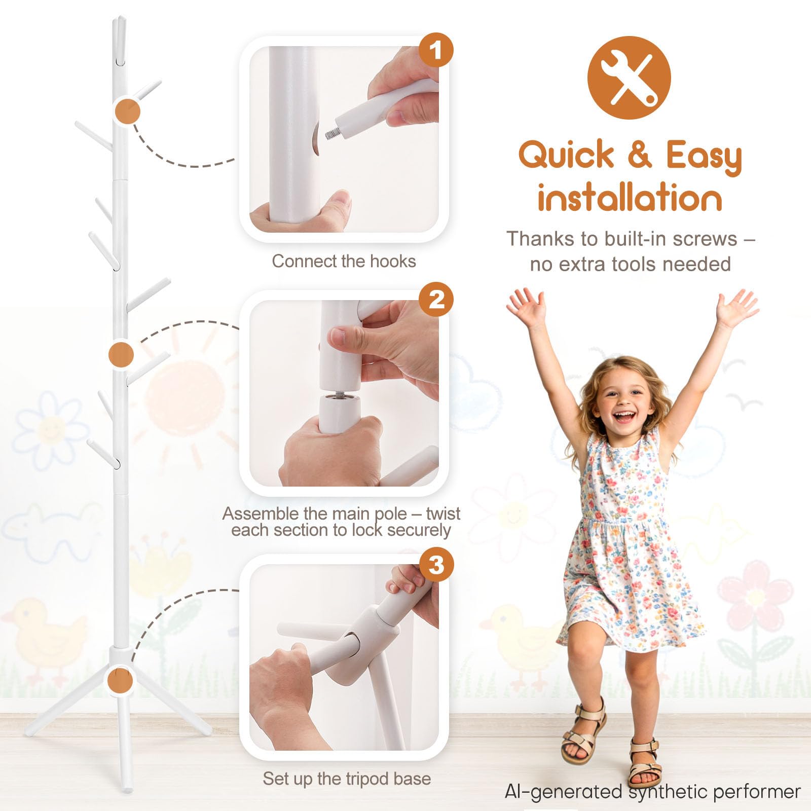 Homde Kids Wooden Coat Rack Stand with 9 Hooks and Adjustable Height-Homde
