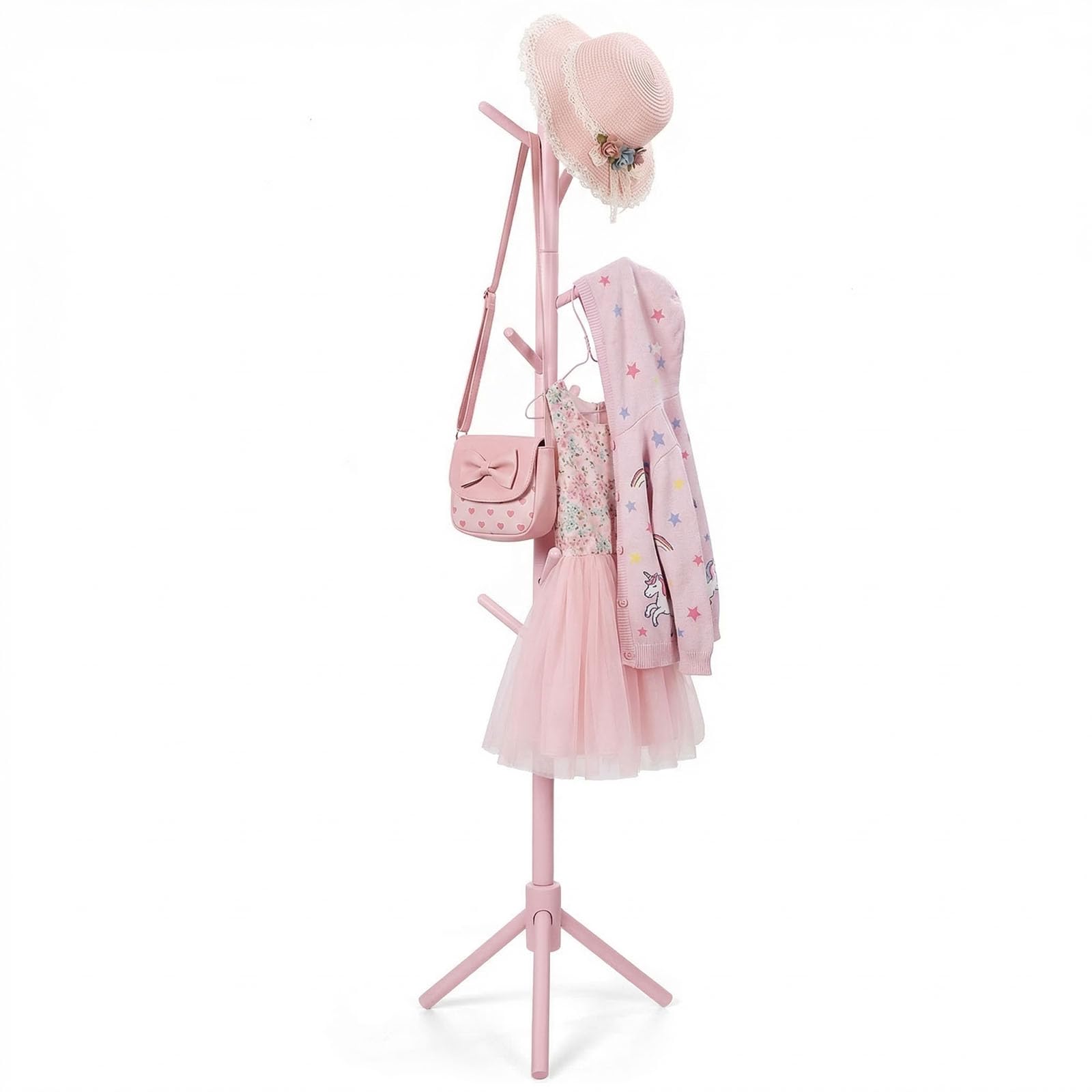 Homde Kids Wooden Coat Rack Stand with 9 Hooks and Adjustable Height-Homde