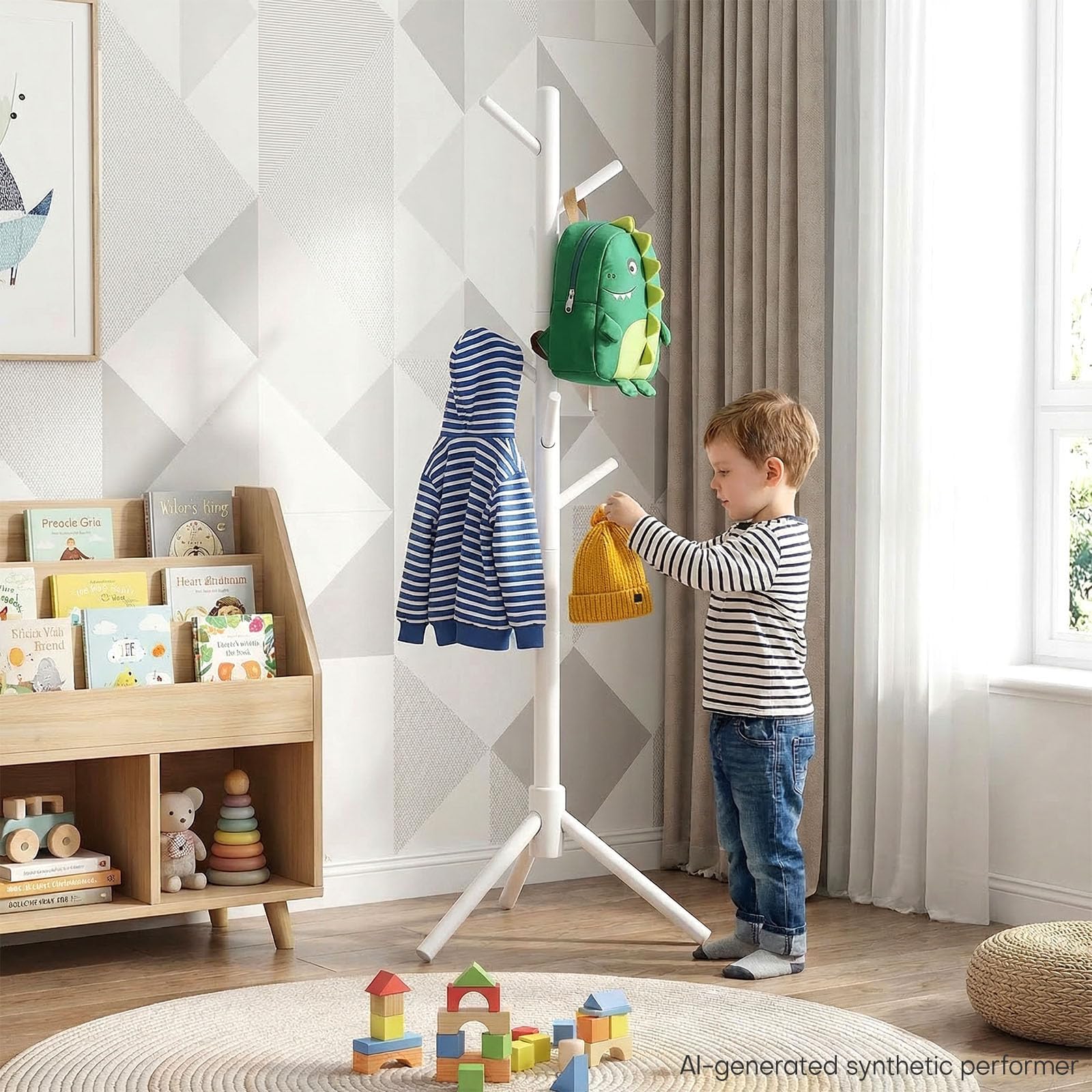 Homde Kids Wooden Coat Rack Stand with 9 Hooks and Adjustable Height-Homde