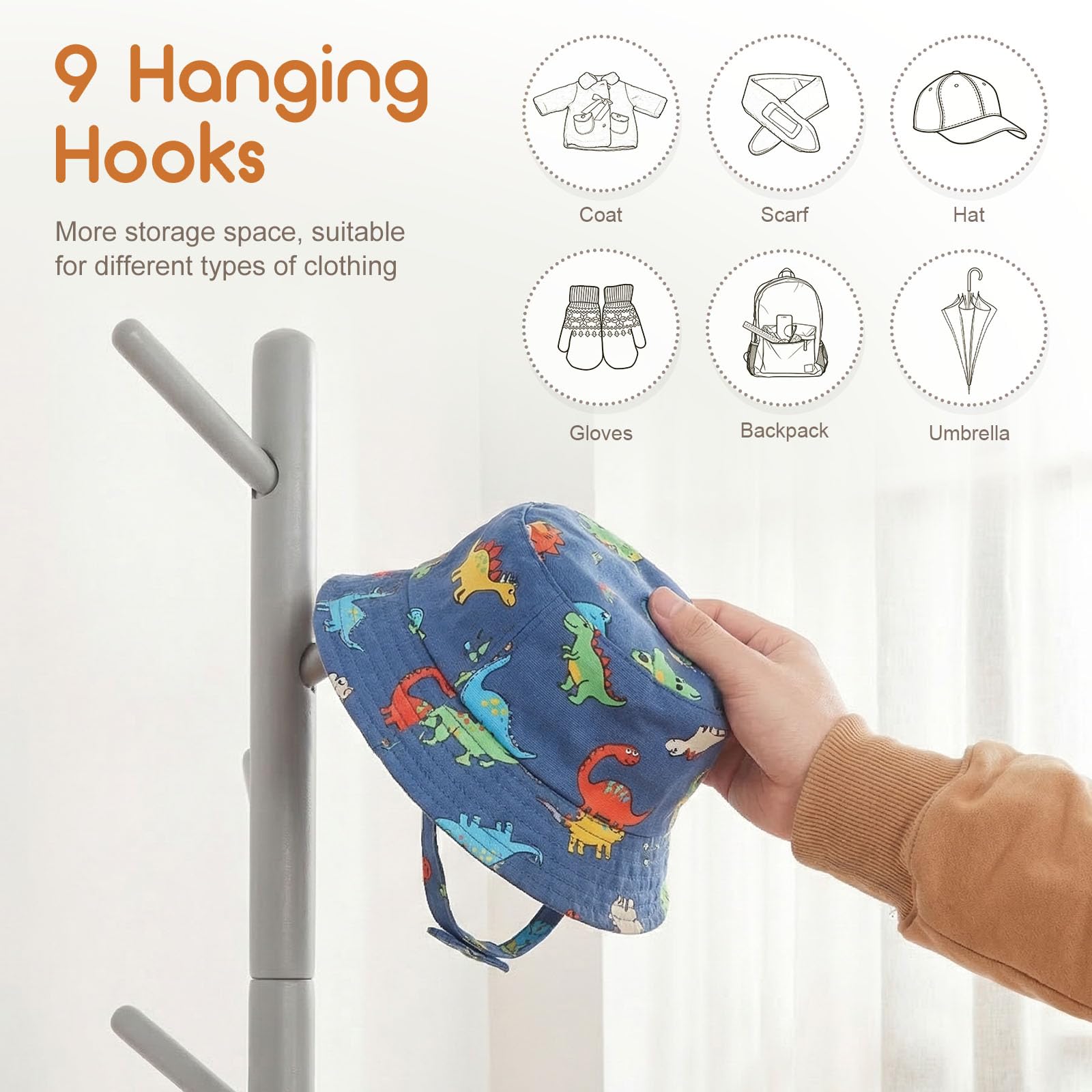 Homde Kids Wooden Coat Rack Stand with 9 Hooks and Adjustable Height-Homde