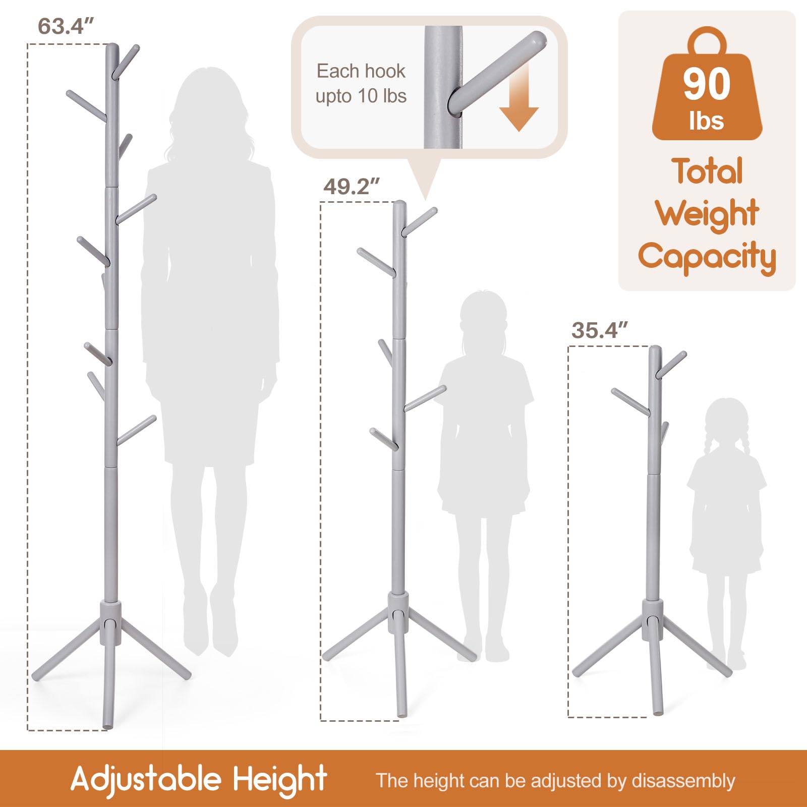 Homde Kids Wooden Coat Rack Stand with 9 Hooks and Adjustable Height-Homde
