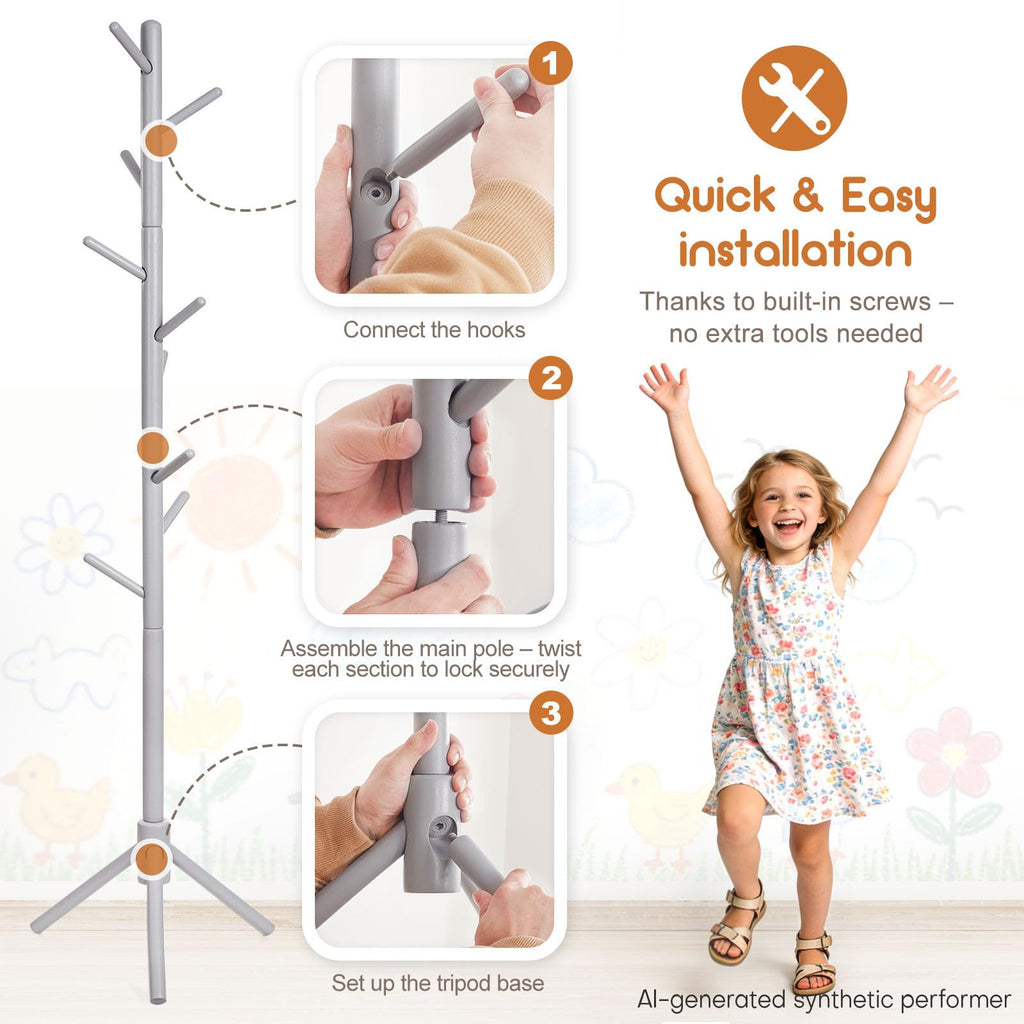 Homde Kids Wooden Coat Rack Stand with 9 Hooks and Adjustable Height-Homde