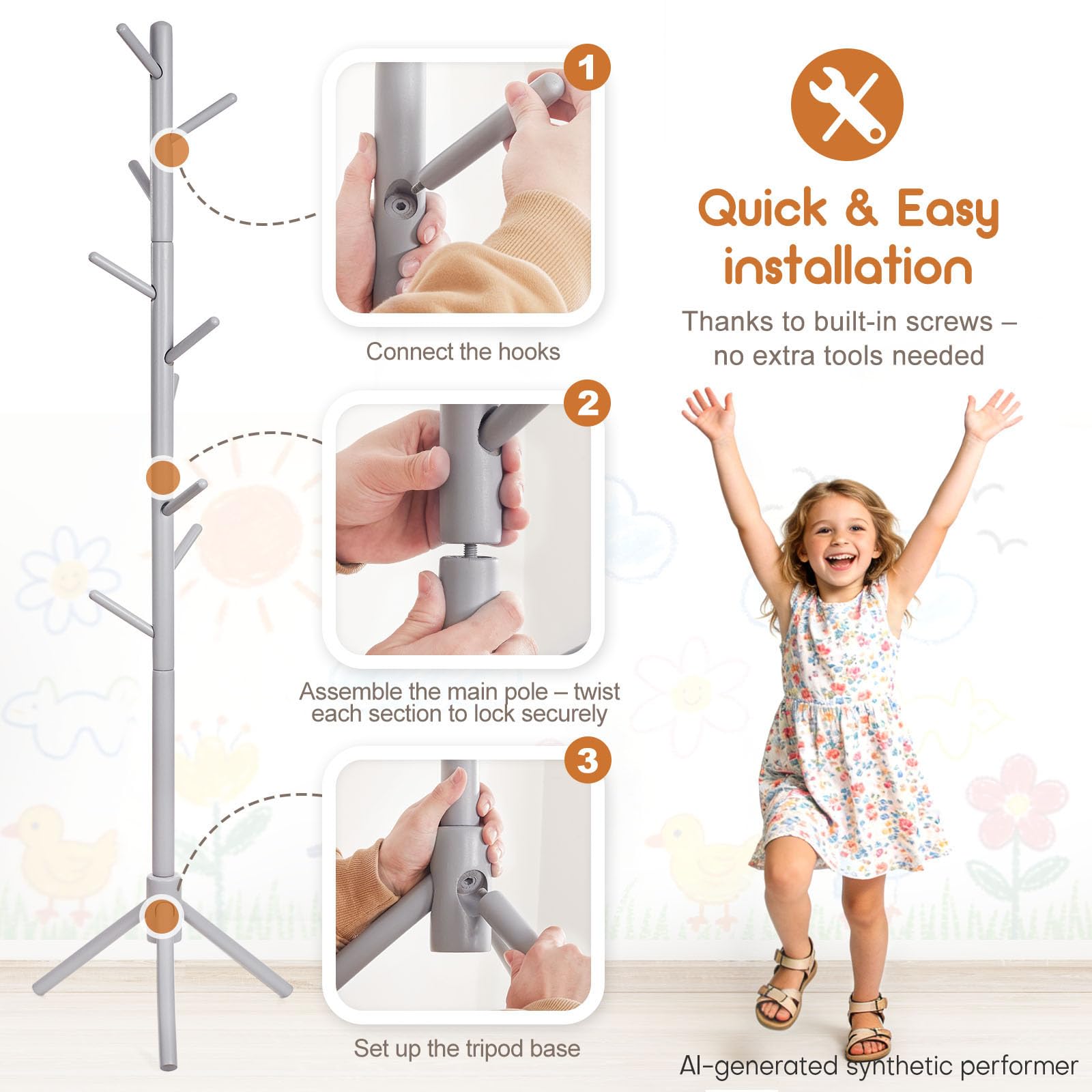 Homde Kids Wooden Coat Rack Stand with 9 Hooks and Adjustable Height-Homde