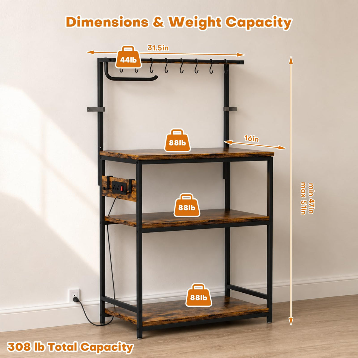 Homde 4-Tier Kitchen Bakers Rack with Power Outlet and Microwave Stand-3