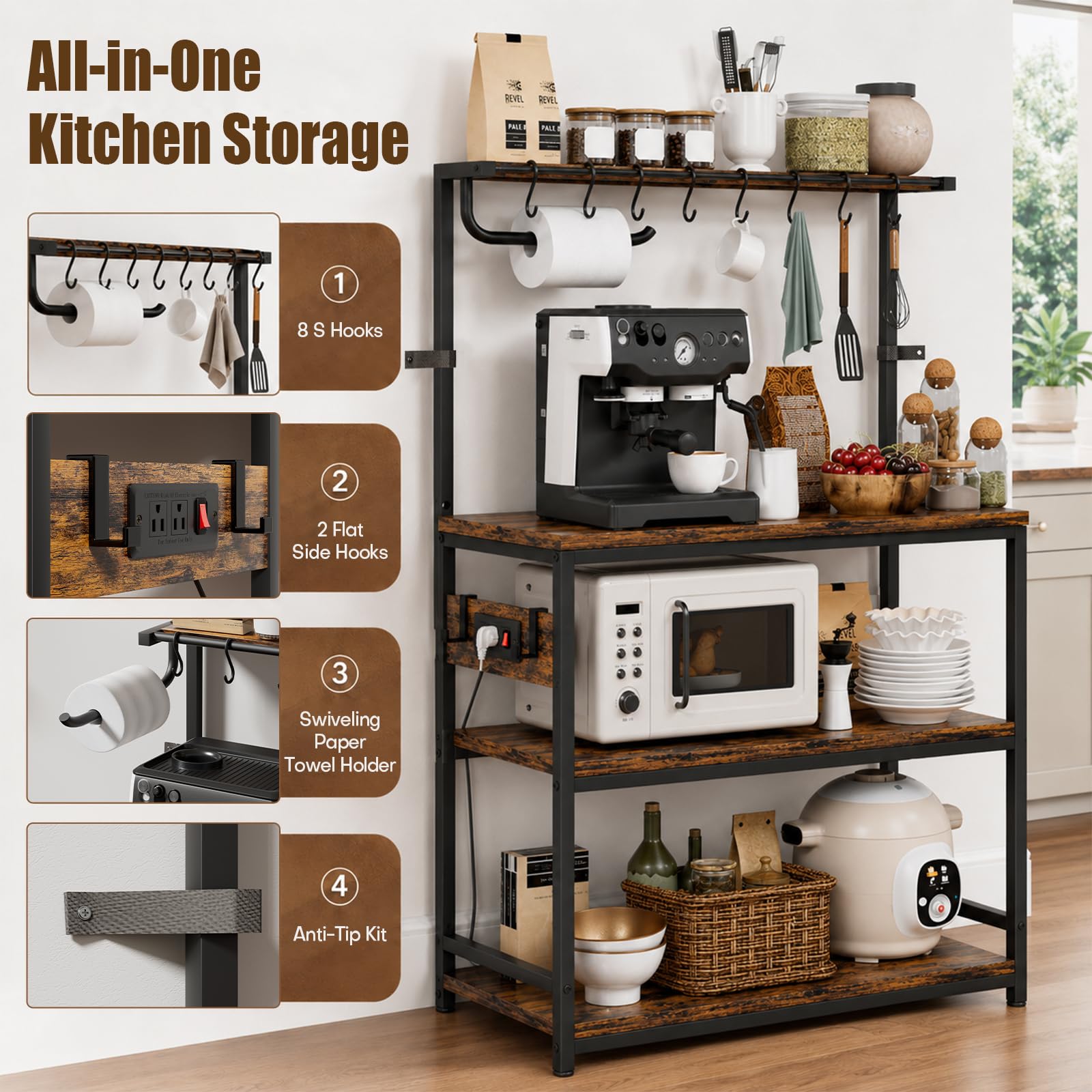 Homde 4-Tier Kitchen Bakers Rack with Power Outlet and Microwave Stand-9