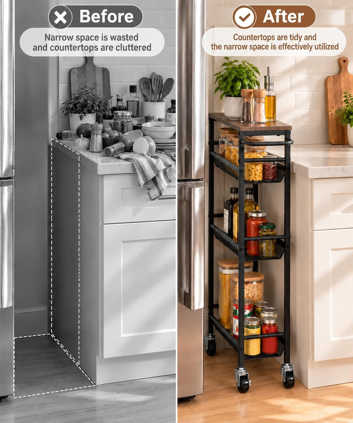 Homde Slim Rolling Storage Cart: 7.1 inch Wide for Narrow Kitchen Spaces - 3-Homde