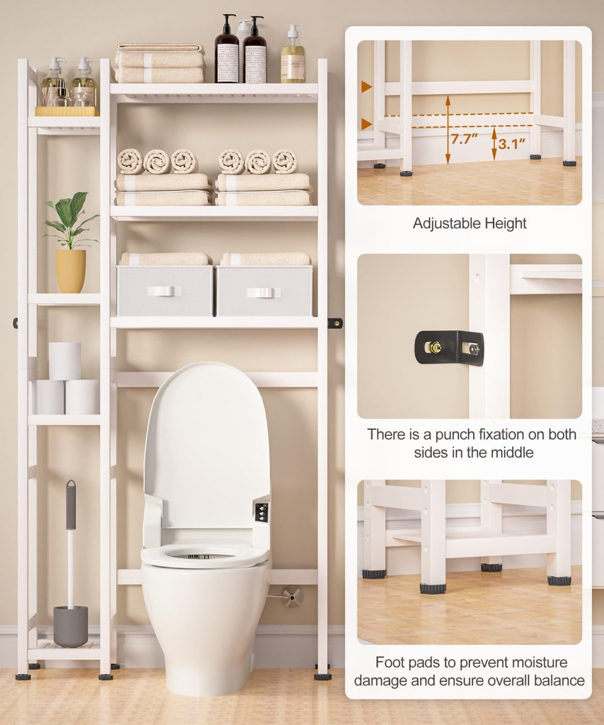 Homde Bamboo Over-the-Toilet Storage Rack with 2 Baskets and Adjustable Shelf-White-18-Homde