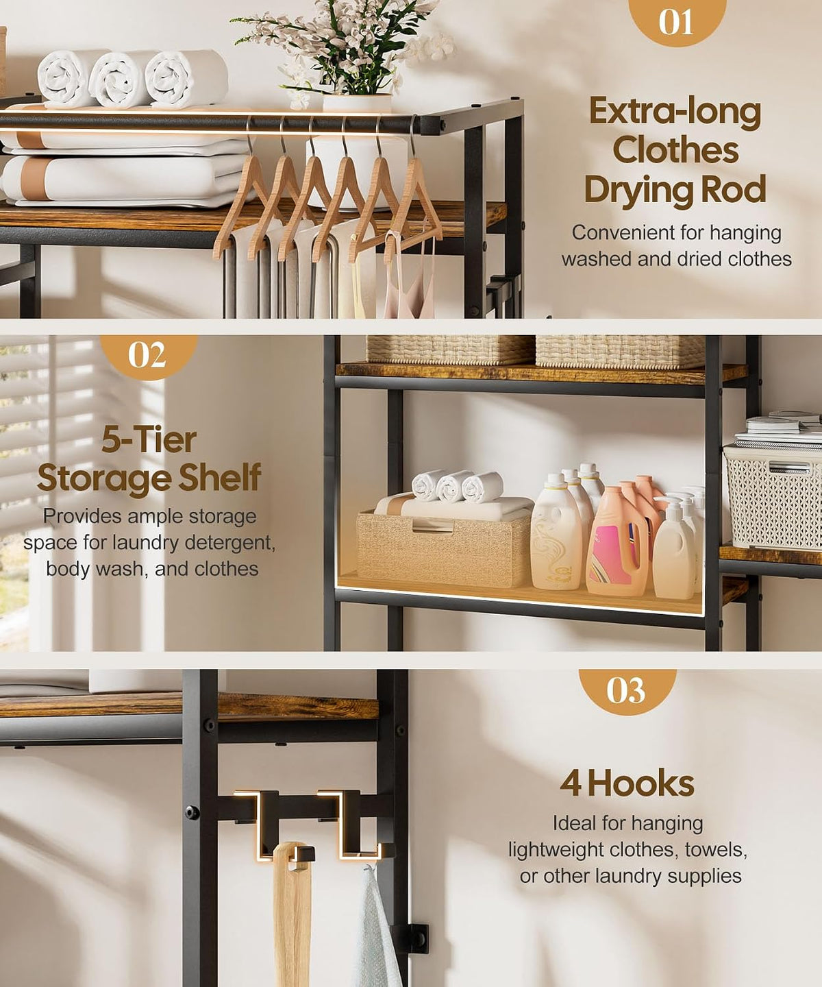 Homde Over Washer and Dryer Storage Shelf with Hanging Rod and 5 Tiers - 4-Homde