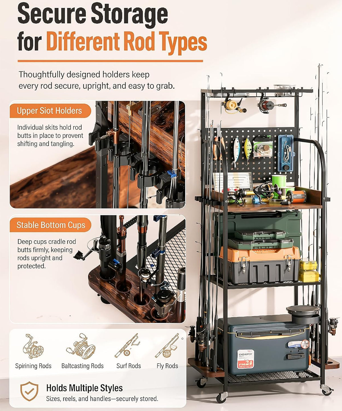 Homde Fishing Rod Holder with Wheels, 12-Rod Garage Storage Rack - 8-Homde