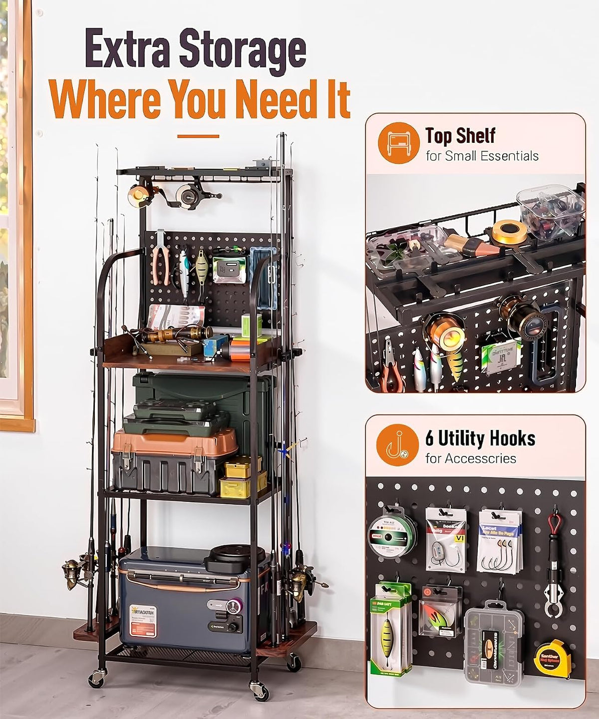 Homde Fishing Rod Holder with Wheels, 12-Rod Garage Storage Rack - 6-Homde