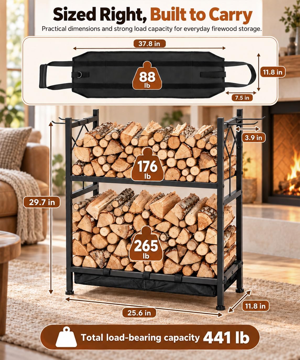 Homde Heavy Duty Firewood Rack: Indoor Sortable Log Holder with Base Tray - 7-Homde