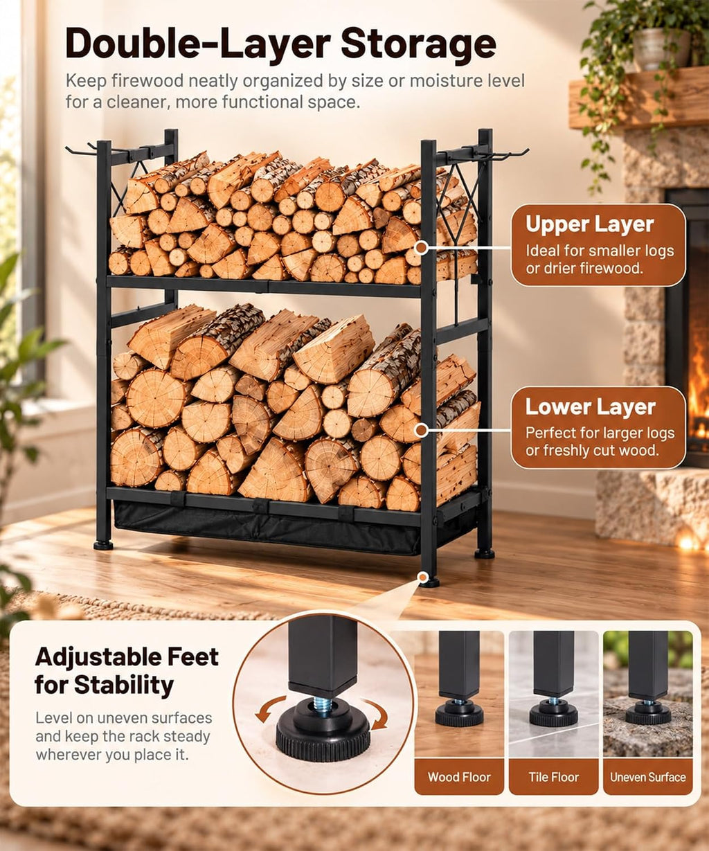 Homde Heavy Duty Firewood Rack: Indoor Sortable Log Holder with Base Tray - 8-Homde
