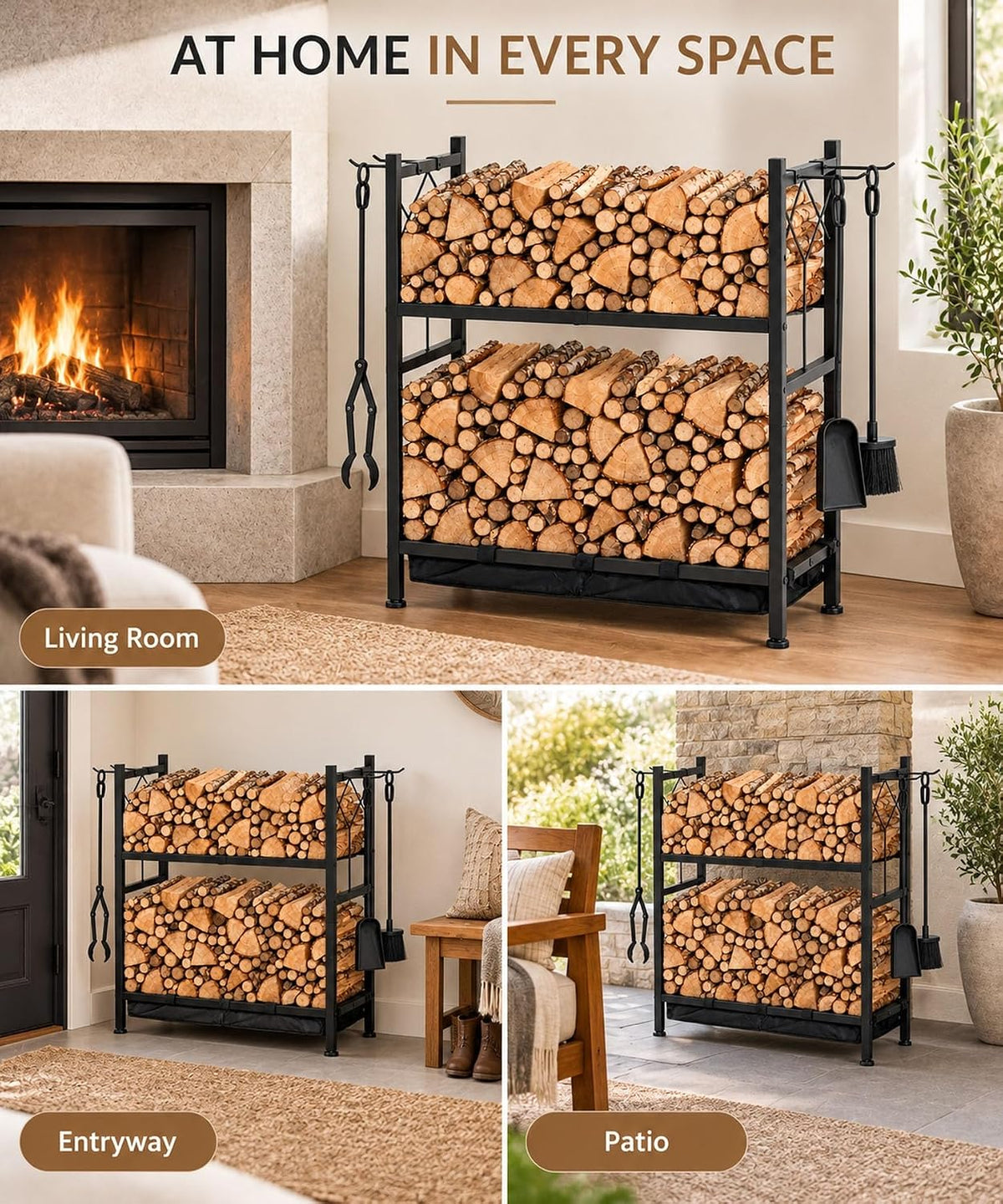 Homde Heavy Duty Firewood Rack: Indoor Sortable Log Holder with Base Tray - 4-Homde